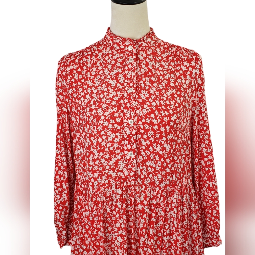 J. Crew Ditsy Floral Tiered Shirtdress Sz S  Red White Cottagecore Twee Prarie - Picture 9 of 13